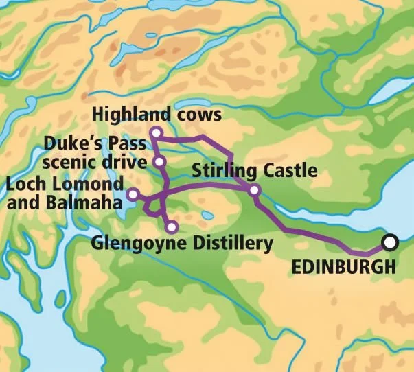 Map of a travel route in Scotland with stops at Highland cows, Duke's Pass scenic drive, Loch Lomond and Balmaha, Glengoyne Distillery, Stirling Castle, and Edinburgh.
