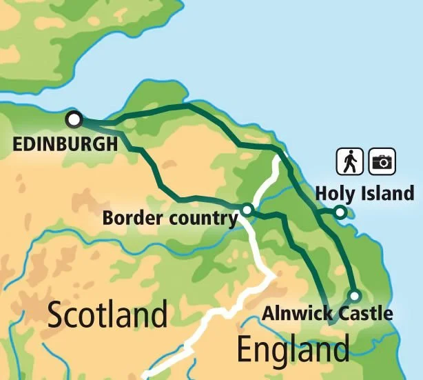 Map of a travel route between Edinburgh, Holy Island, Alnwick Castle, and Border Country in England and Scotland.