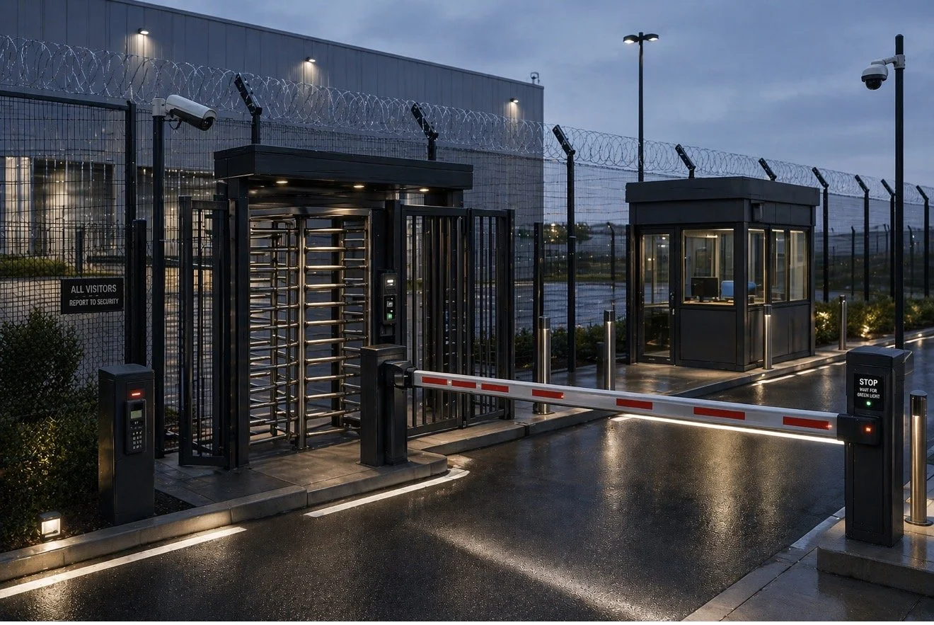 Security checkpoint with turnstile, card reader, guard booth, and surveillance cameras outside a facility at dusk.