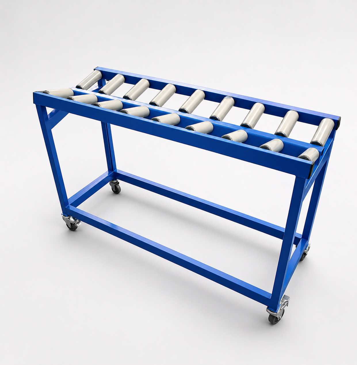 ROLLER CONVEYOR.
This unit provides easy transportation of fabric rolls between departments as a wheeled version or acts as a roller conveyor when fixed to the floor. It helps limit heavy lifting for operators and/or warehousing staff and is set at a