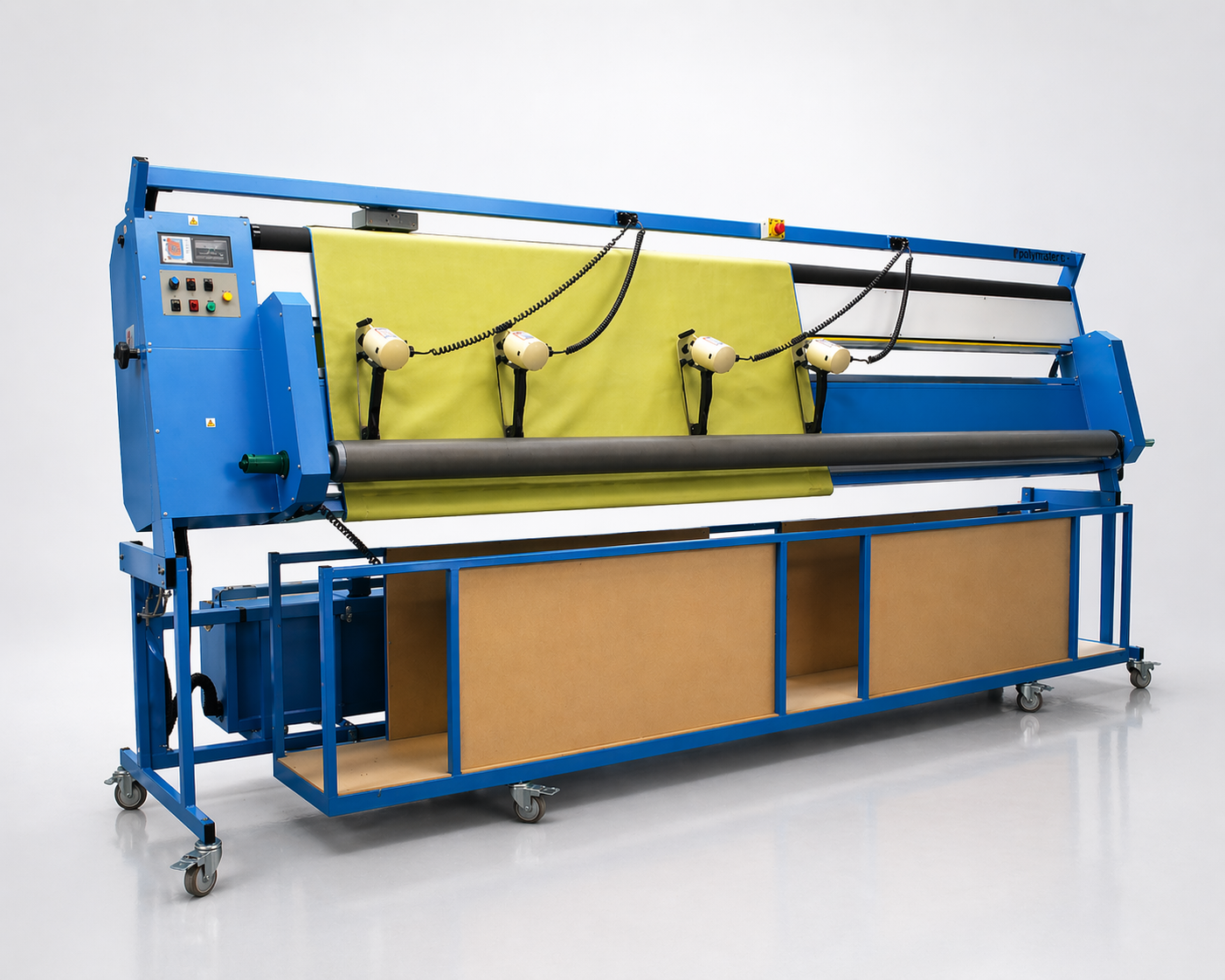 Fabric slitting and cross cutting machine for creating cut to size panels.