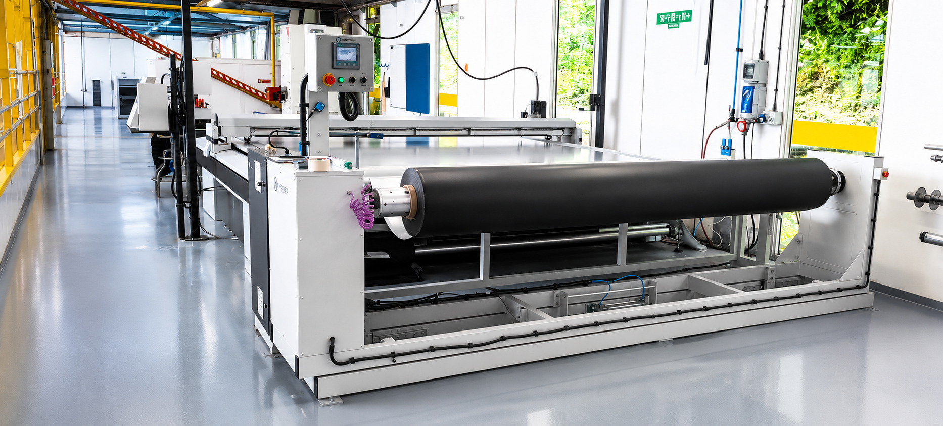DRIVEN UNWIND UNIT - Linked to a ZUND G3 Digital CNC Cutter the unit offloads when required as the ZUND pulls the material on it's moving conveyor bed. Utilising an airshaft and safety chuck system for heavy duty wide width rolls, speeds are automati