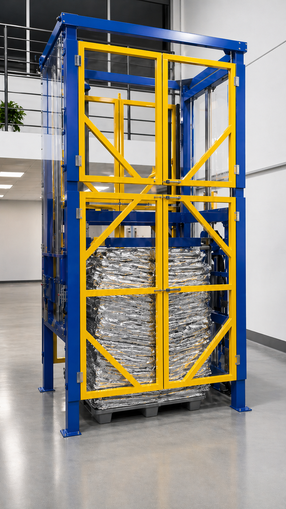 PALLET COMPRESSOR.
Fully enclosed, safety interlocked compression machine using pneumatic cylinders to compress product for strapping. Saves volume and therefore cost on shipping.