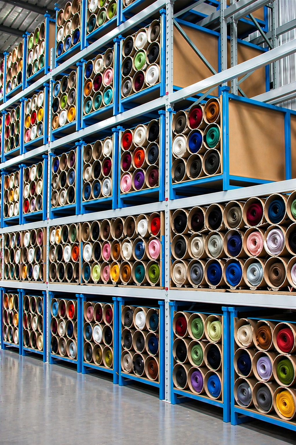 Warehouse shelves filled with colorful rolled fabrics stored in cardboard tubes.