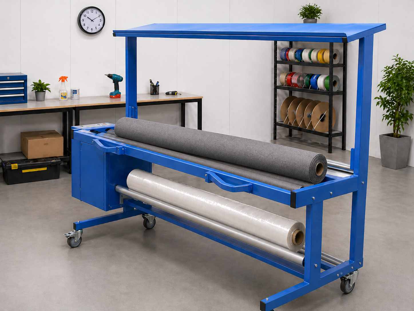 ROLL PACKING TABLE.
The two power rollers allow plastic to be fed and rolled around your roll of cloth with the foot pedal start/stop. Cut with a knife and tape. Done. 