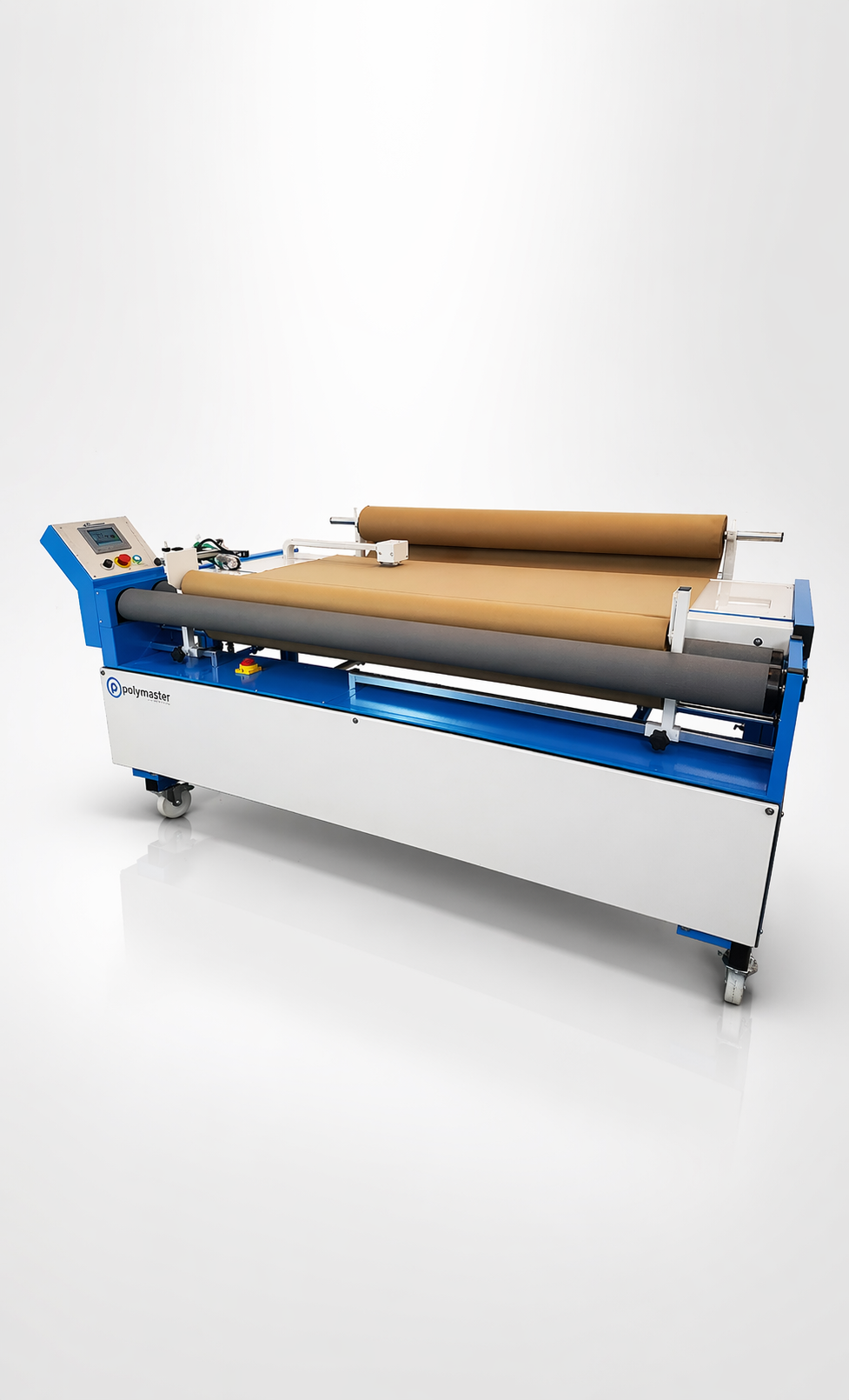 A fabric rolling and cutting machine with one beige roll of fabric, mounted on a blue and white frame, for re-rolling, measuring and cutting cloth to length.