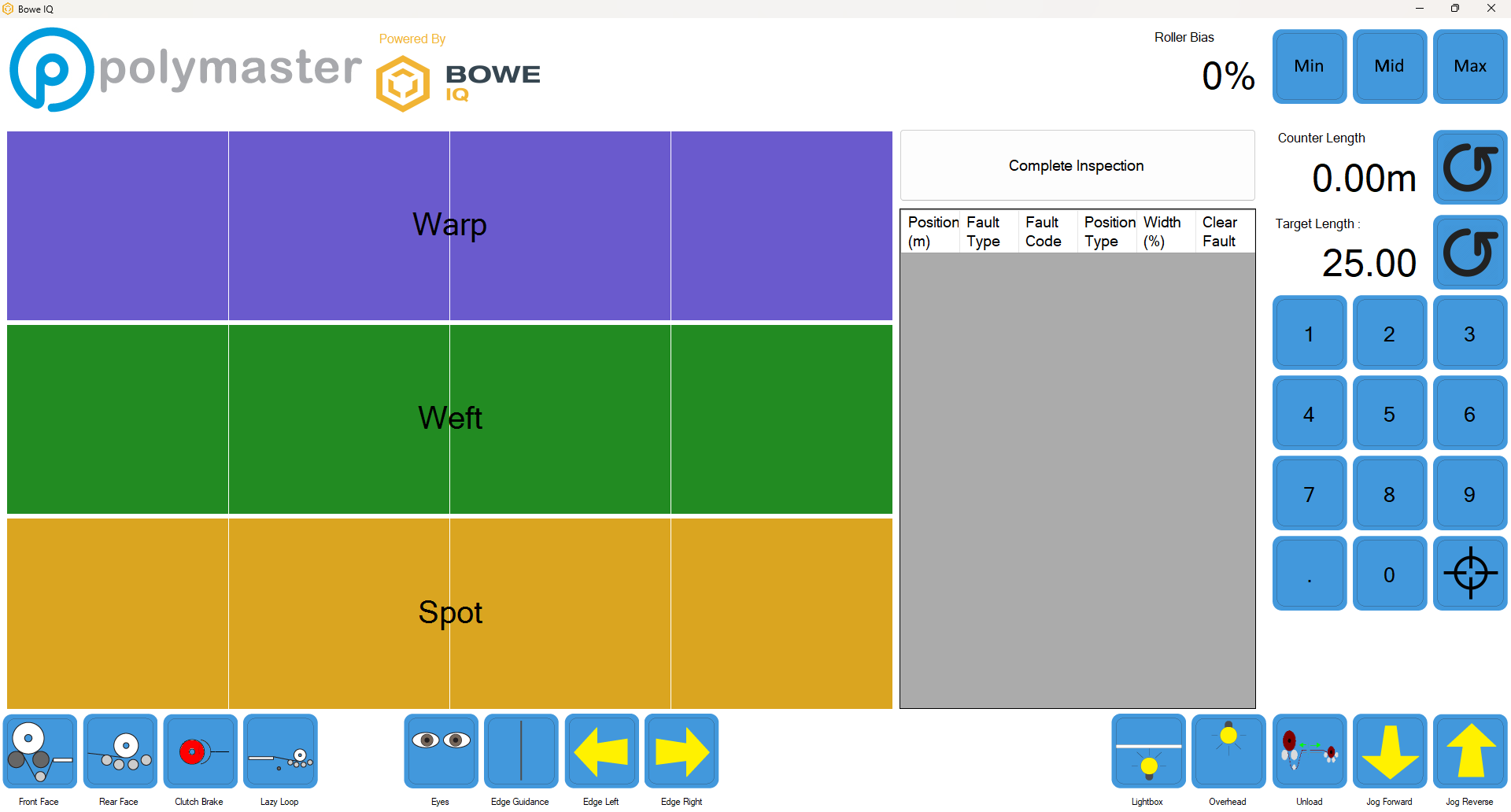 A screenshot of Polymaster Bowe IQ software interface showing fault detection categories: Warp, Weft, and Spot, each color-coded in purple, green, and yellow respectively. The right side displays control buttons, inspection data, and configuration options.