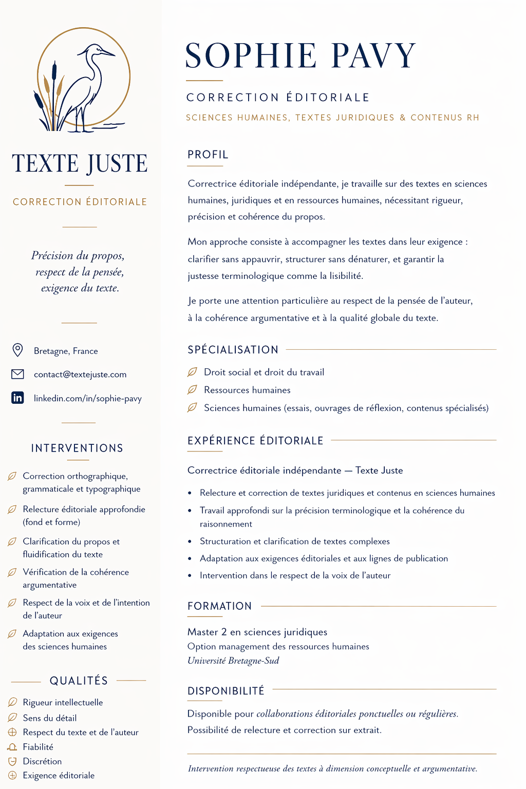 Curriculum vitae professionnel pour Sophie Pavy, spécialiste en correction éditoriale, avec un logo d'un héron à côté d'herbes, informations de contact, compétences, expériences et formation, en français.