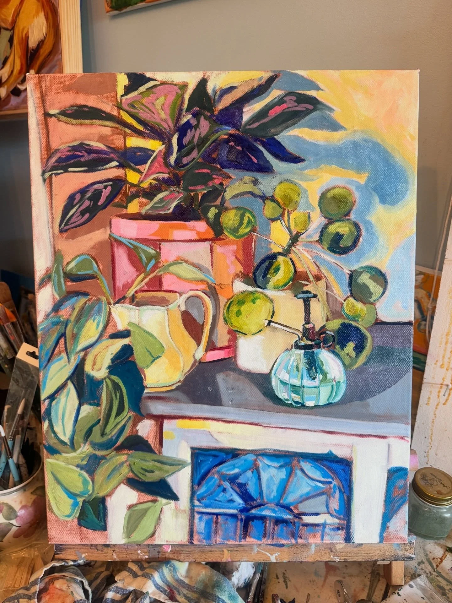 Working on this piece today &lsquo;The Chinese money plant and friends&rsquo;

Oil on canvas