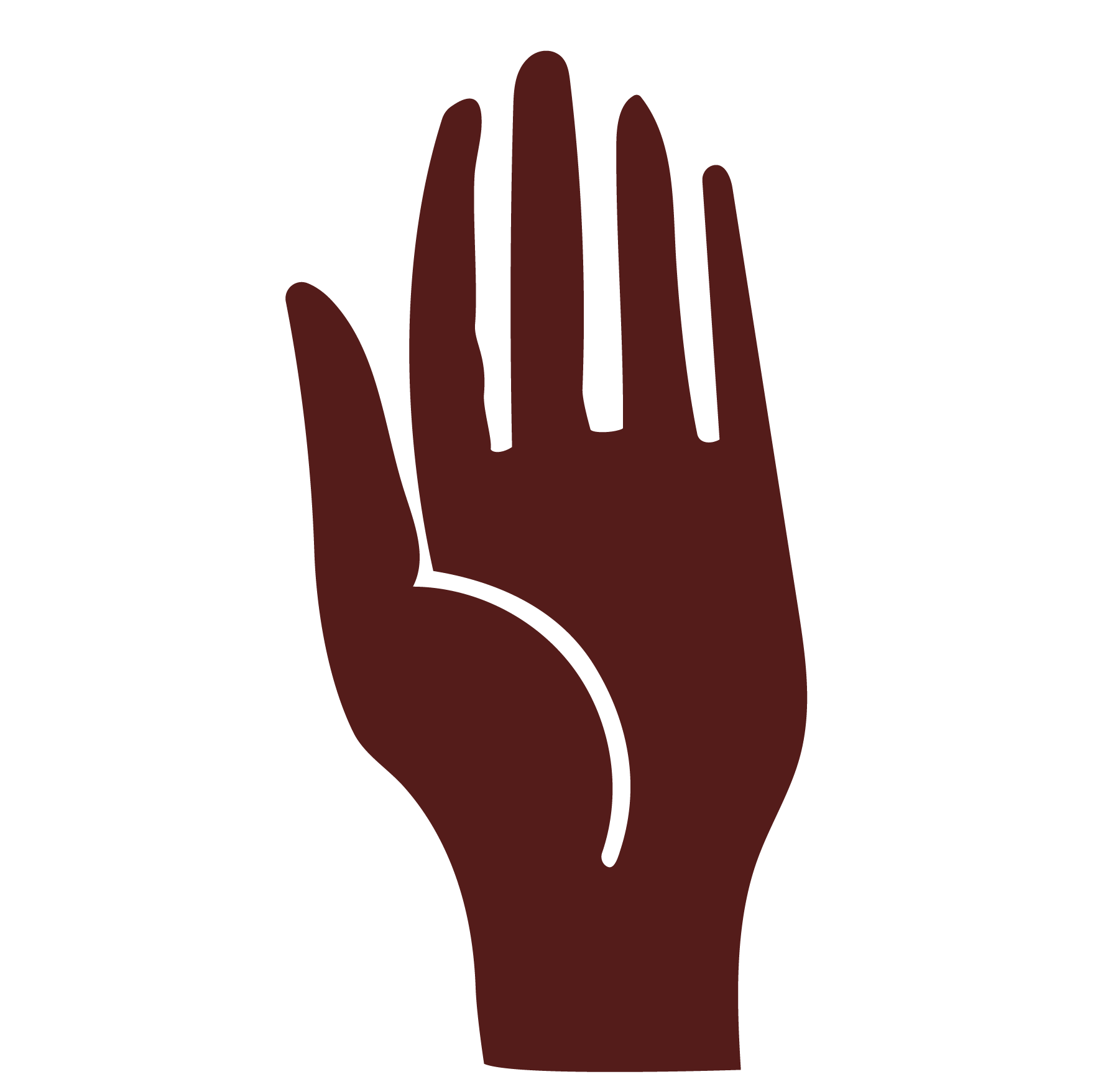 A simplified illustration of a human hand painted dark brown with black outlines.