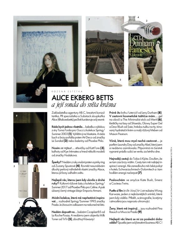 A collage of images including a woman with long hair in front of an artwork, a vineyard landscape, a rolled-up magazine, a white shoe, a woman holding a rolled-up magazine, and various beauty product bottles.
