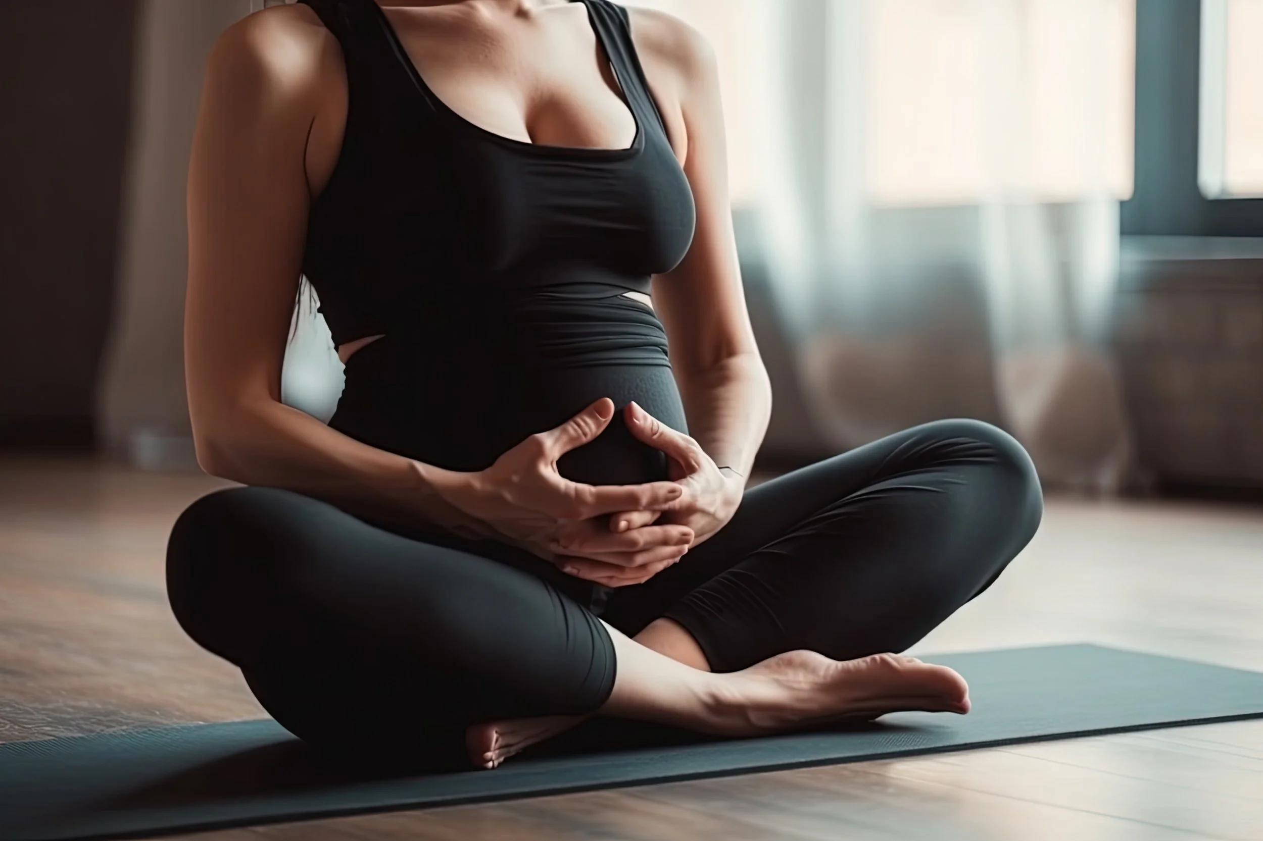 Eine schwangere Frau in Sportkleidung sitzt im Schneidersitz auf einer Yoga-Matte und hält ihre Hände auf ihren Bauch, während sie in einem Raum mit natürlichem Licht meditiert.