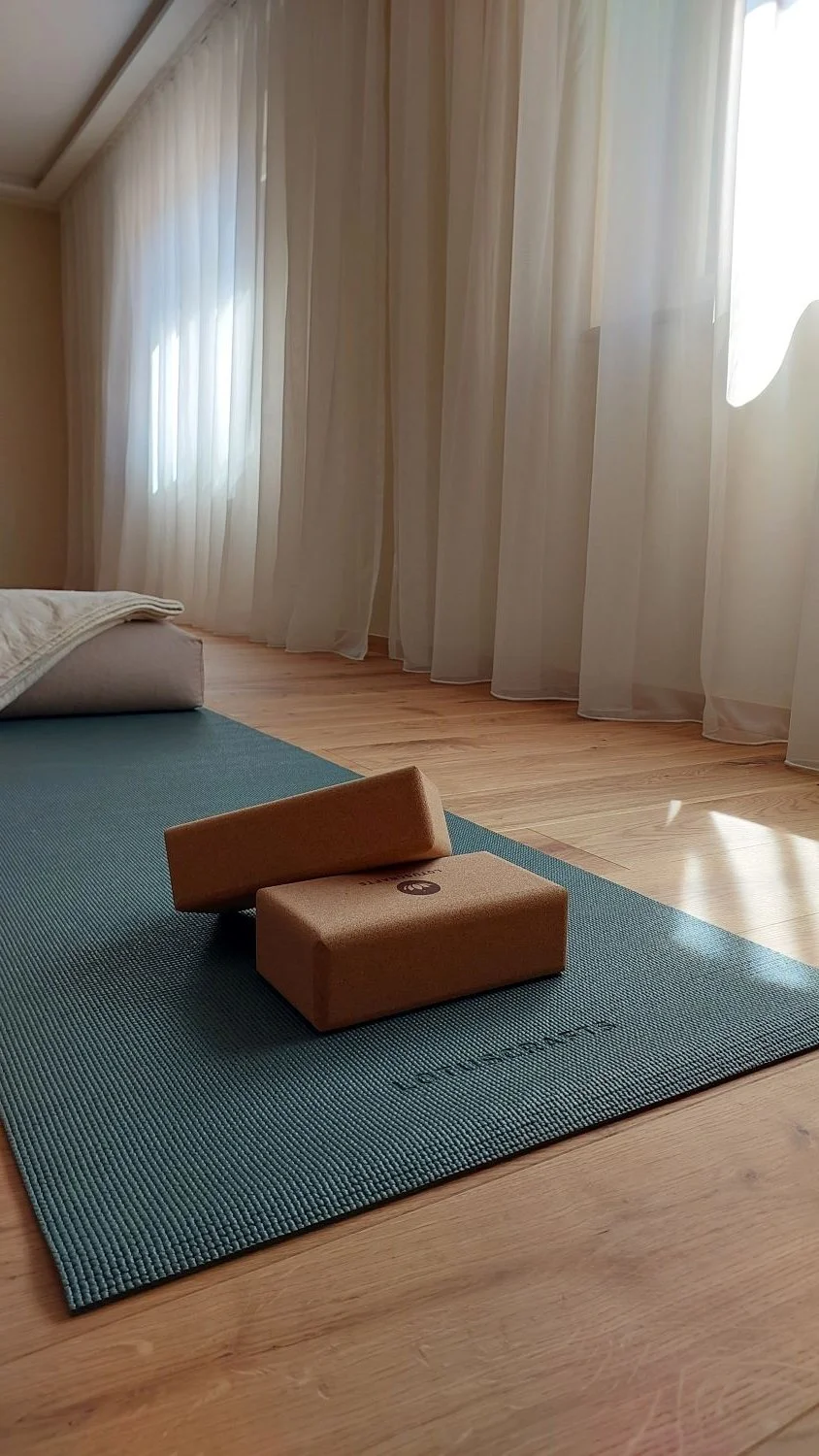 Yoga-Matte mit zwei Yoga-Blöcken in einem hell erleuchteten Raum