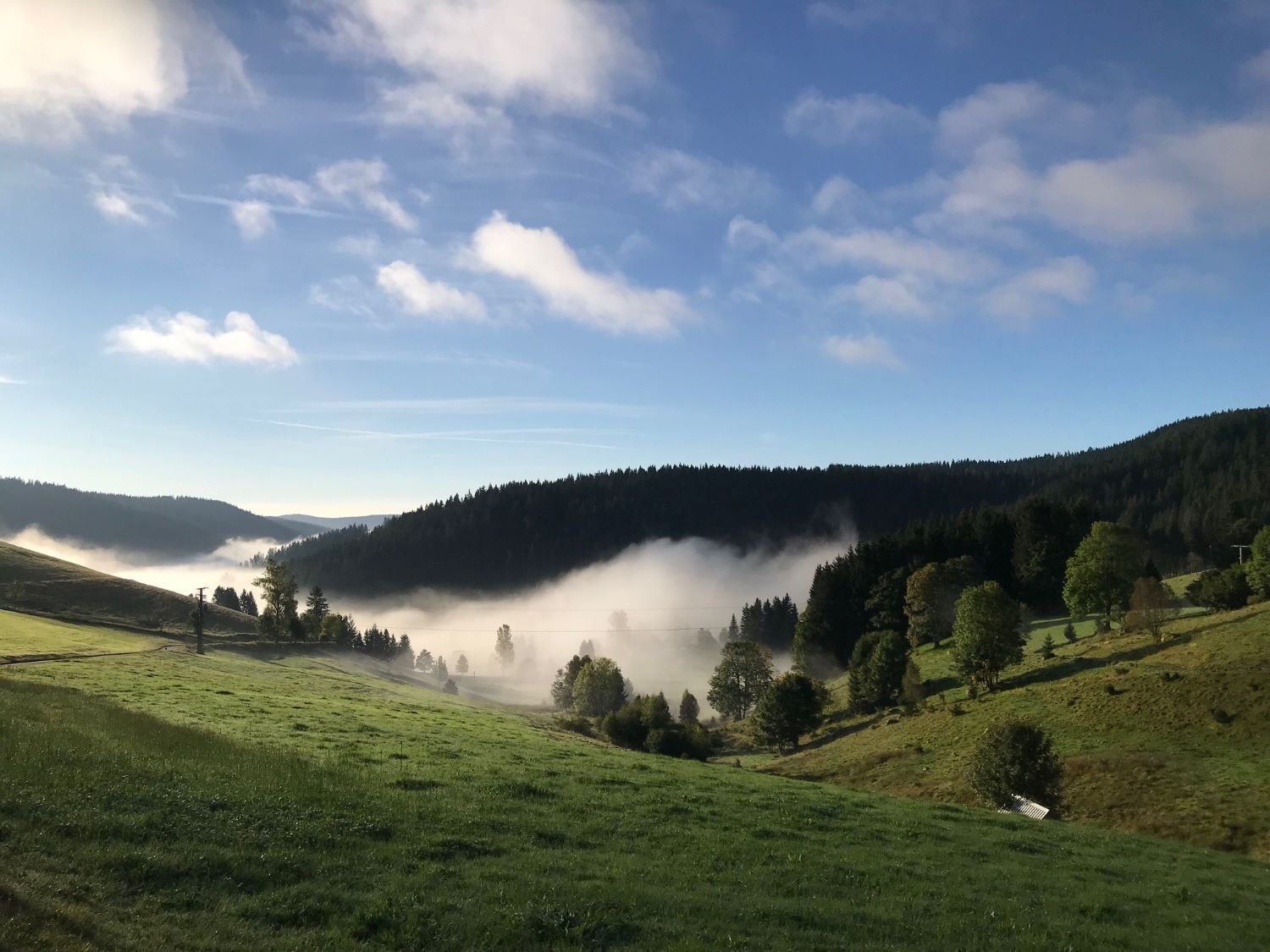 Grünes Tal mit Bäumen, neblige Hügel im Hintergrund, blauer Himmel mit Wolken.
