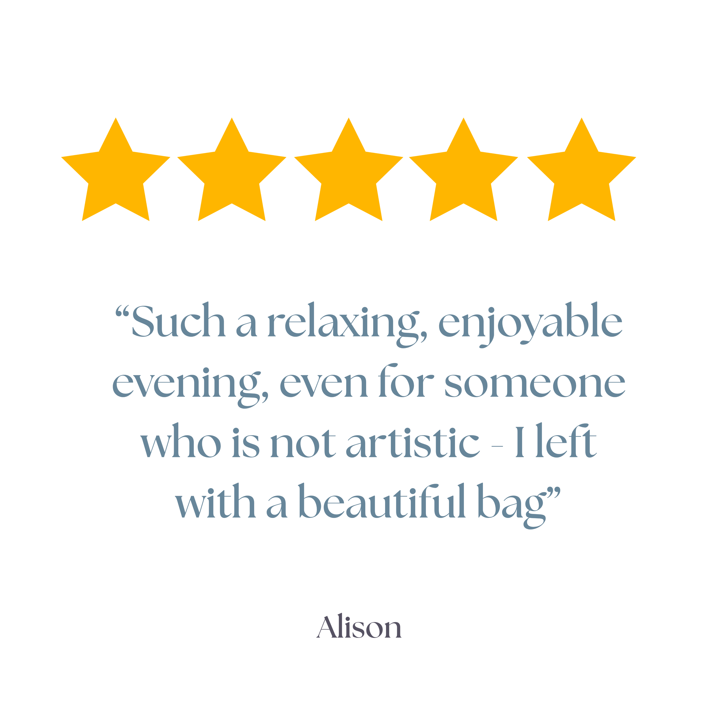 Golden five-star rating graphic with quote about relaxation and enjoyment, and the name 'Alison' at the bottom.