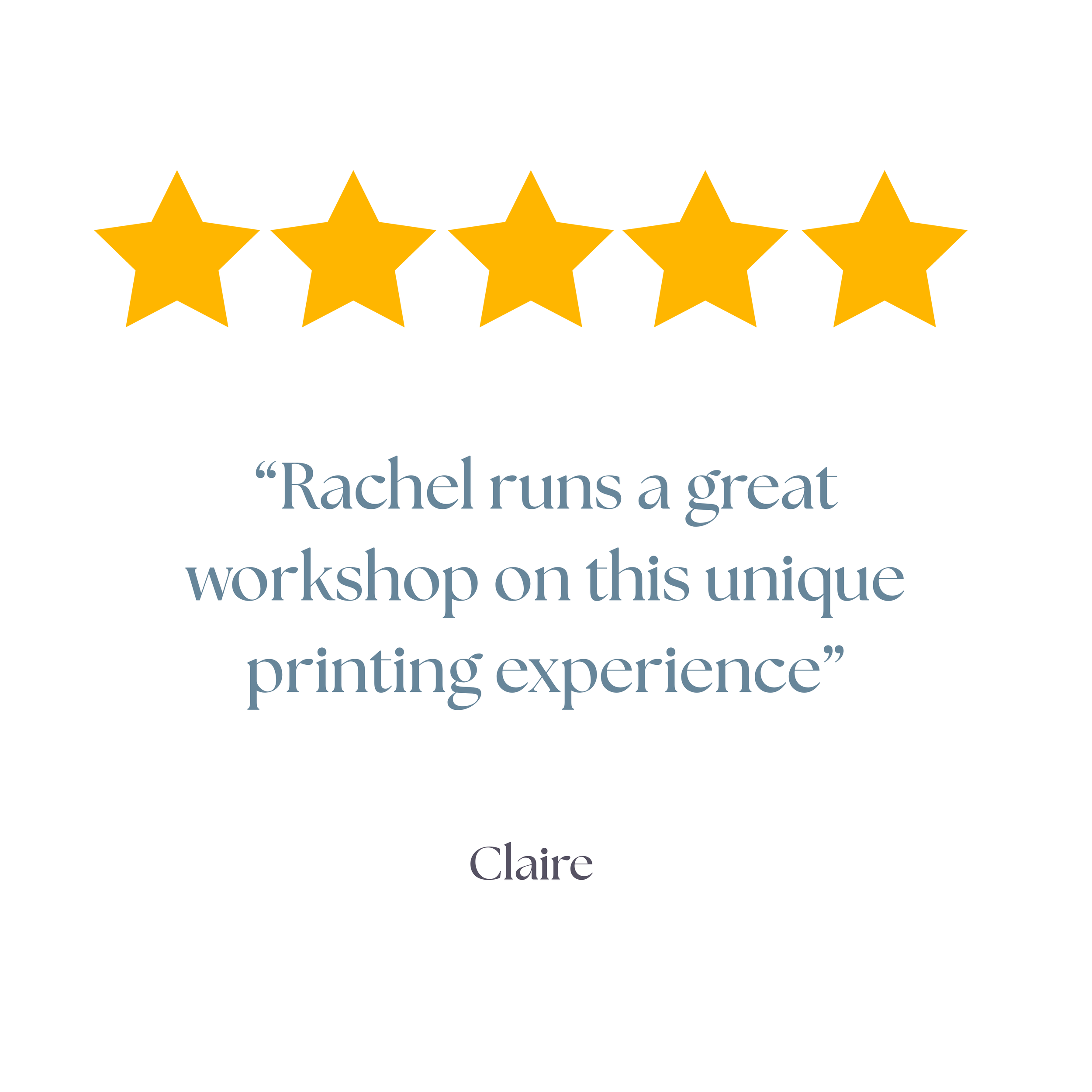 Six gold stars arranged in a row with a quote about Rachel and printing experience.