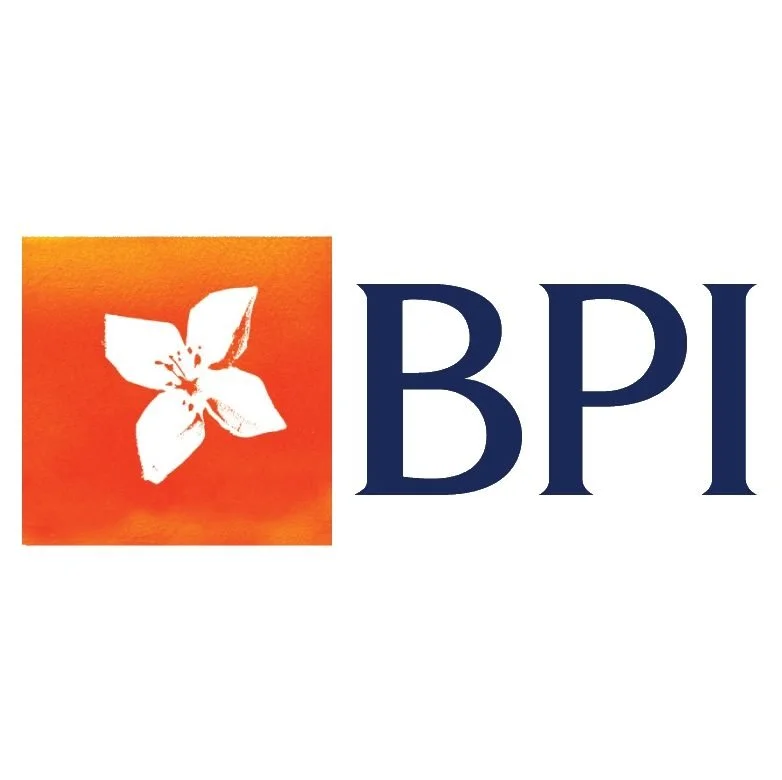 Logo with an orange square featuring a white flower and the letters 'BPI' in large, dark blue font.