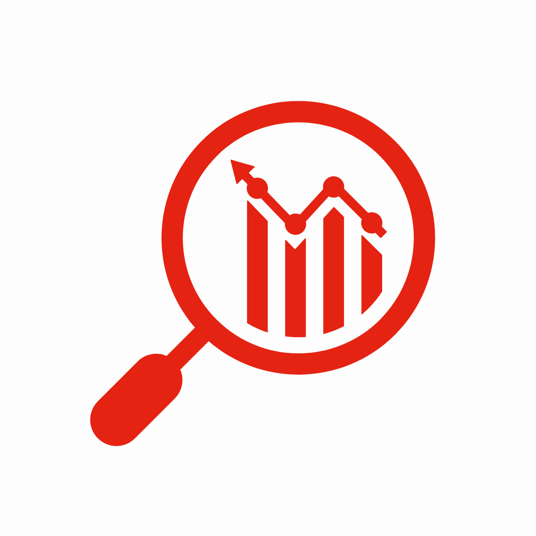 Red magnifying glass focusing on a bar chart with a line graph, indicating analysis of data or trends.