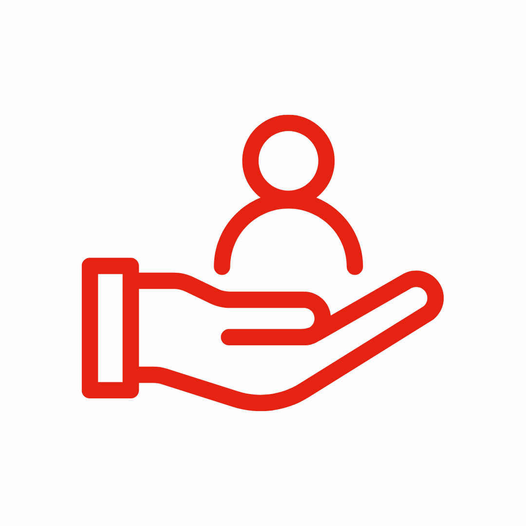 Red line drawing of a hand holding a person icon.