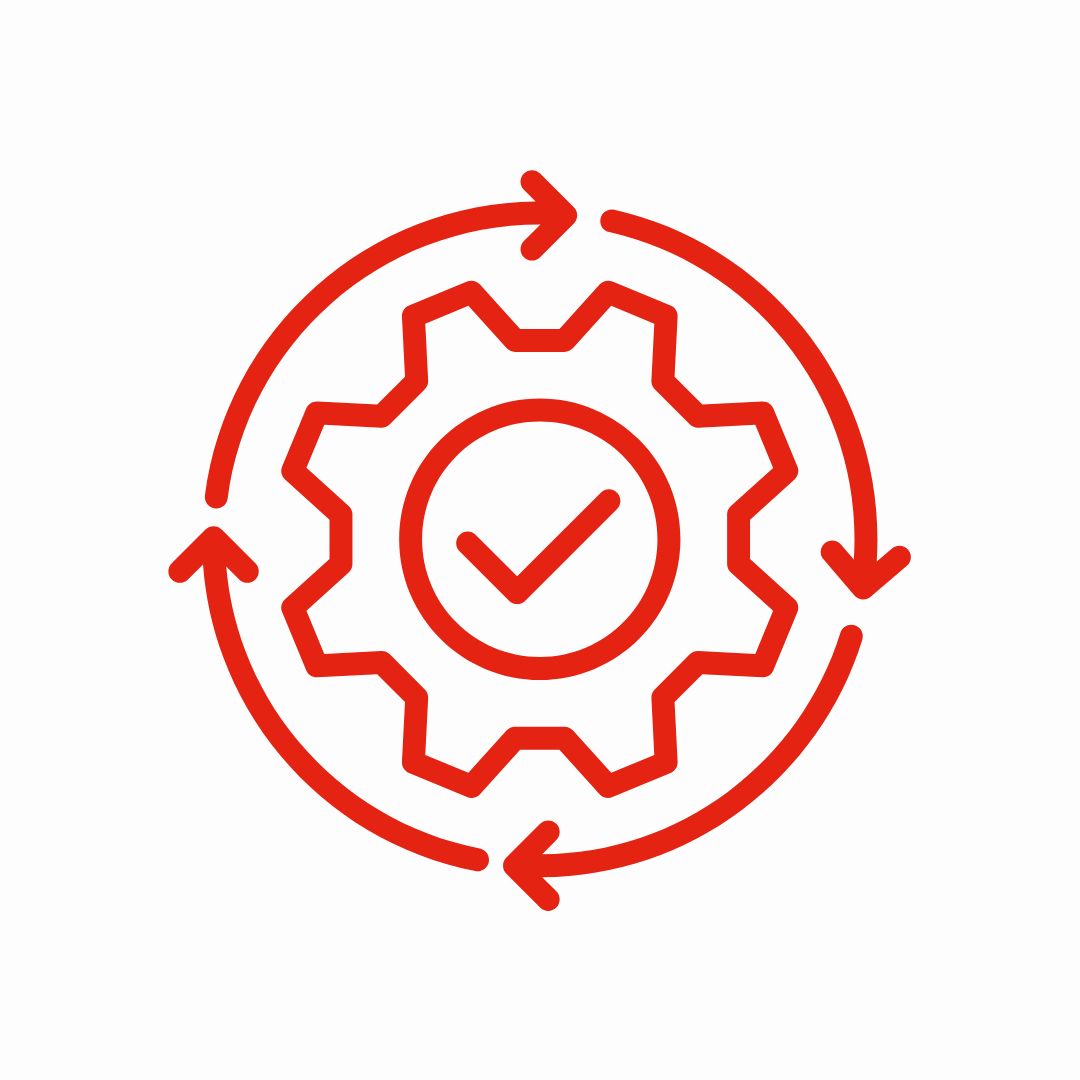 Red gear icon with a check mark inside and circular arrows around it, indicating process or workflow completion.
