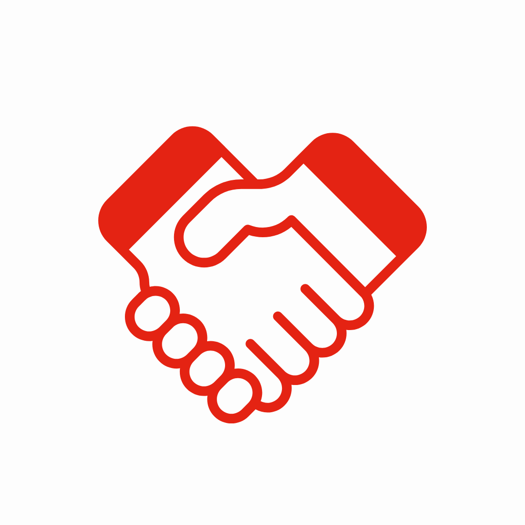 Red line drawing of two hands shaking, symbolizing agreement or partnership.