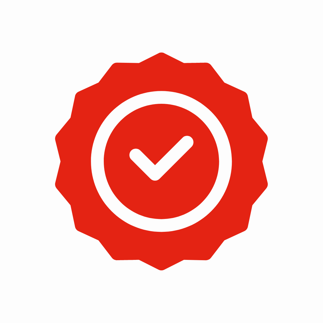 Red badge with a white checkmark inside a circle.