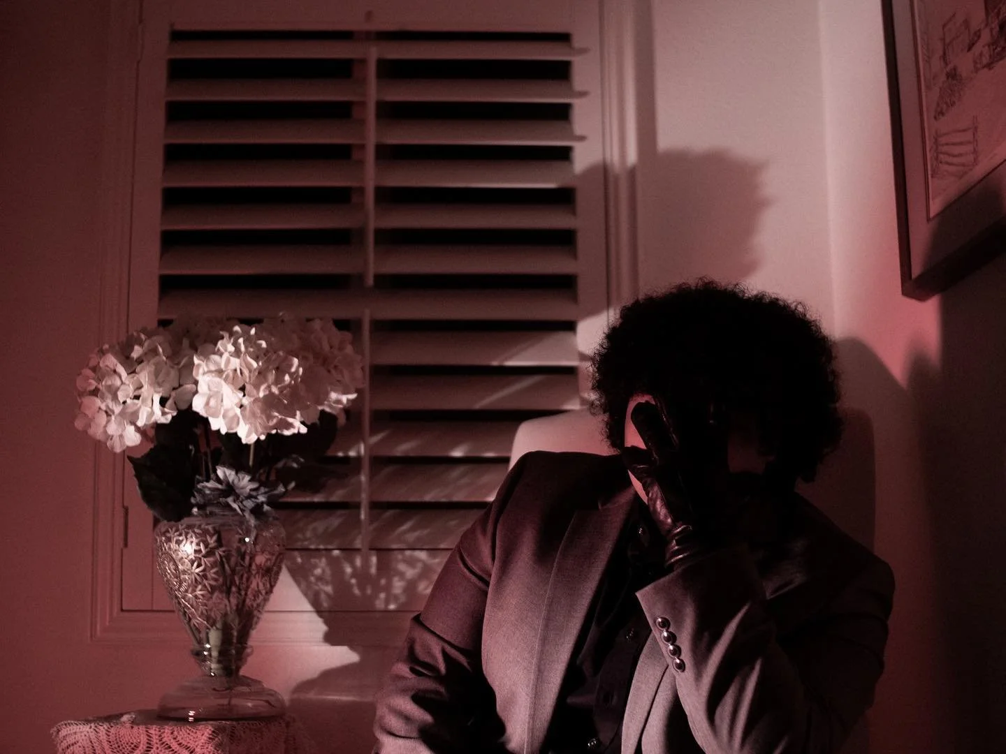 A person with curly black hair wearing a dark suit and gloves, sitting in a dimly lit room. They are holding a phone to their ear. To the left, there is a vase with white flowers on a table, and behind, there are window shutters and a wall with a fra