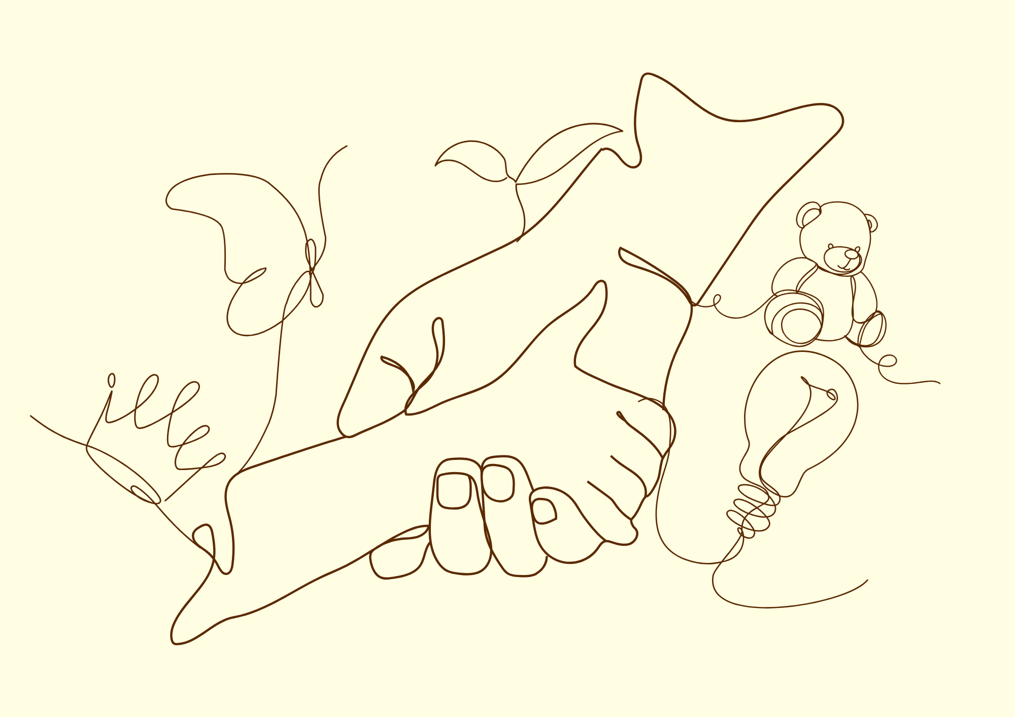 A continuous line drawing of two hands clasped together, with a teddy bear sitting nearby, and some leaves and other elements in the background.