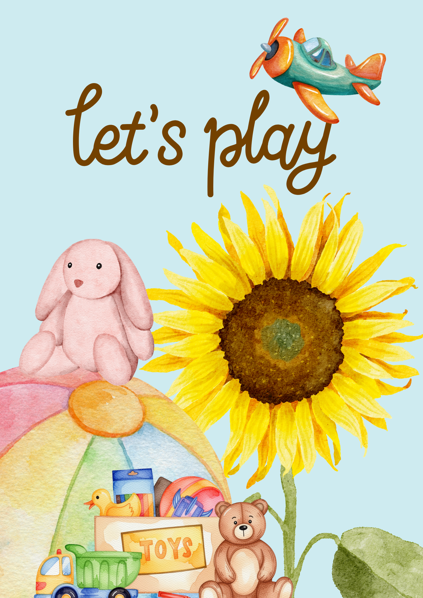 Illustration of a children's play scene featuring a toy airplane, a pink teddy bear, a sunflower, a colorful umbrella, a toy truck, a basket labeled 'toys' filled with toys, a rubber duck, and a stuffed bear on a grassy area with a light blue background.