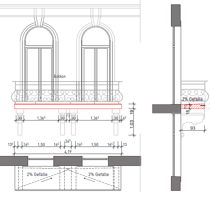 Planungszeichung eines Fassadendetails mit Balkon.