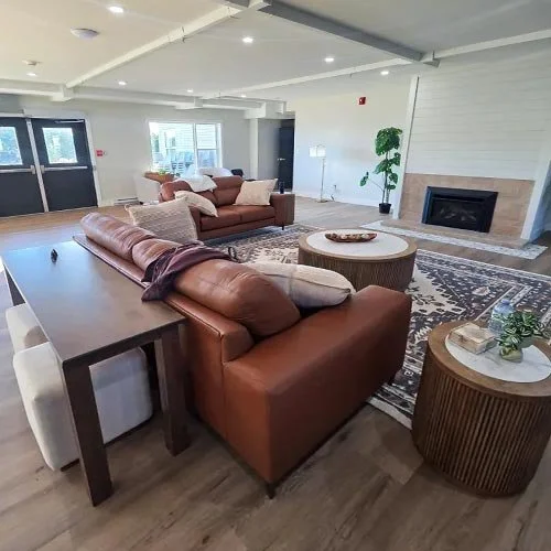 Spacious living room with leather sofas, a patterned area rug, a round coffee table, side tables with decorative items, a modern fireplace, large windows, and a potted plant.