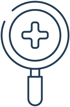 A magnifying glass icon with a medical cross inside the lens.