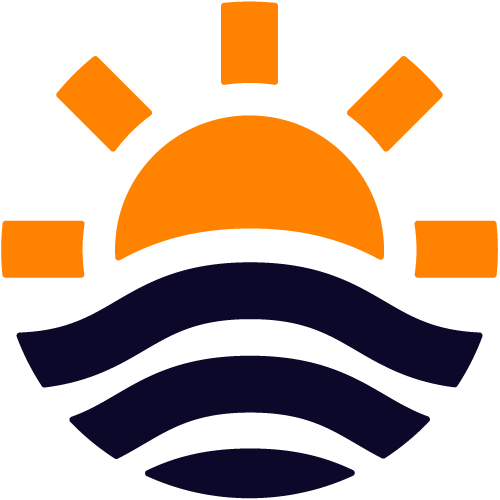 Stylized sunrise with orange sun and black waves below.