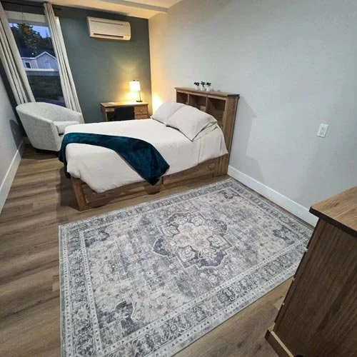 Empty bedroom with a bed, a chair, a side table with a lamp, and a large patterned area rug.