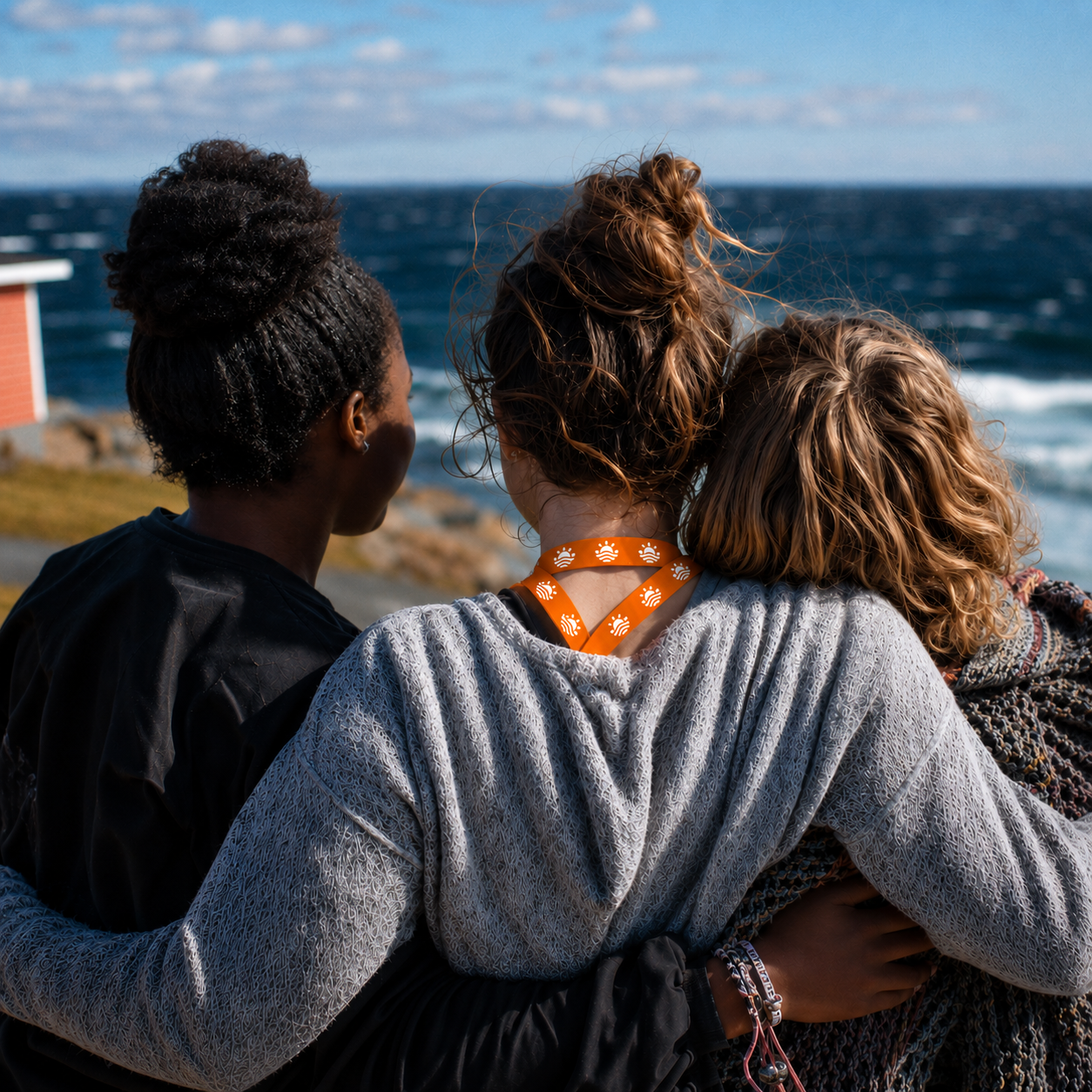 Three women hugging by the ocean with waves and blue sky in the background.