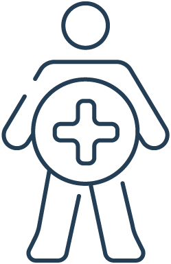 Outline of a person holding a shield with a medical cross symbol.