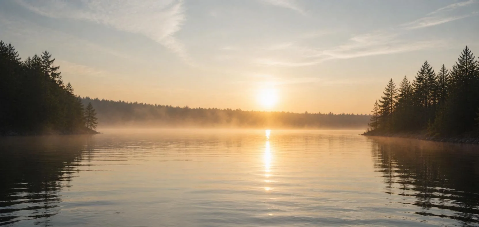 Sunrise over a calm lake with mist, surrounded by coniferous trees on both sides.
