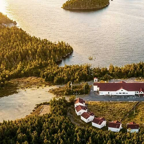 Aerial view of a small group of buildings near a body of water, surrounded by dense forest and a small island in the distance.