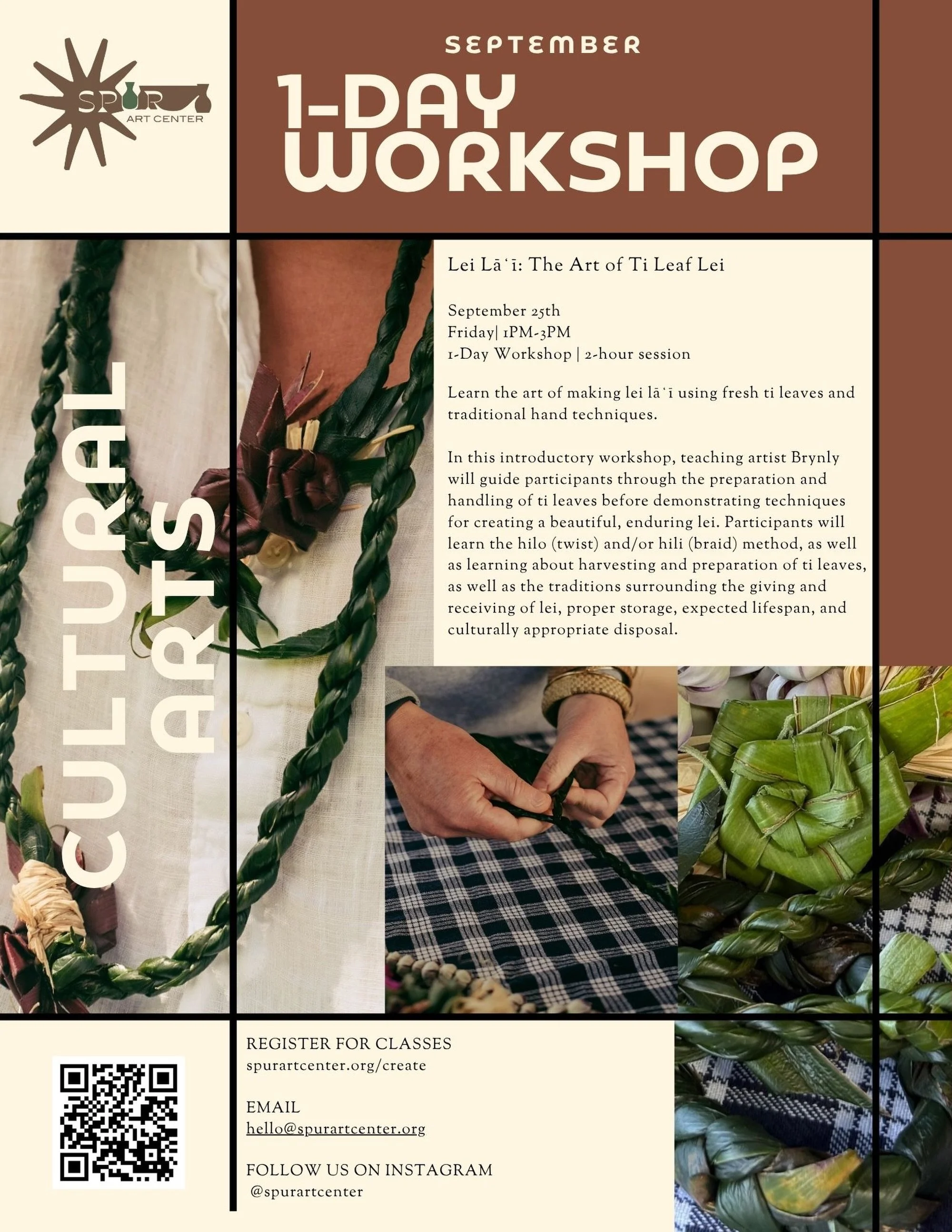 🌿 Lei Lāʻī: The Art of Ti Leaf Lei 🌿

Spend the afternoon learning the traditional art of lei lā&lsquo;ī using fresh ti leaves, from preparation to twisting and braiding by hand. A beautiful way to slow down, create, and connect with the traditions