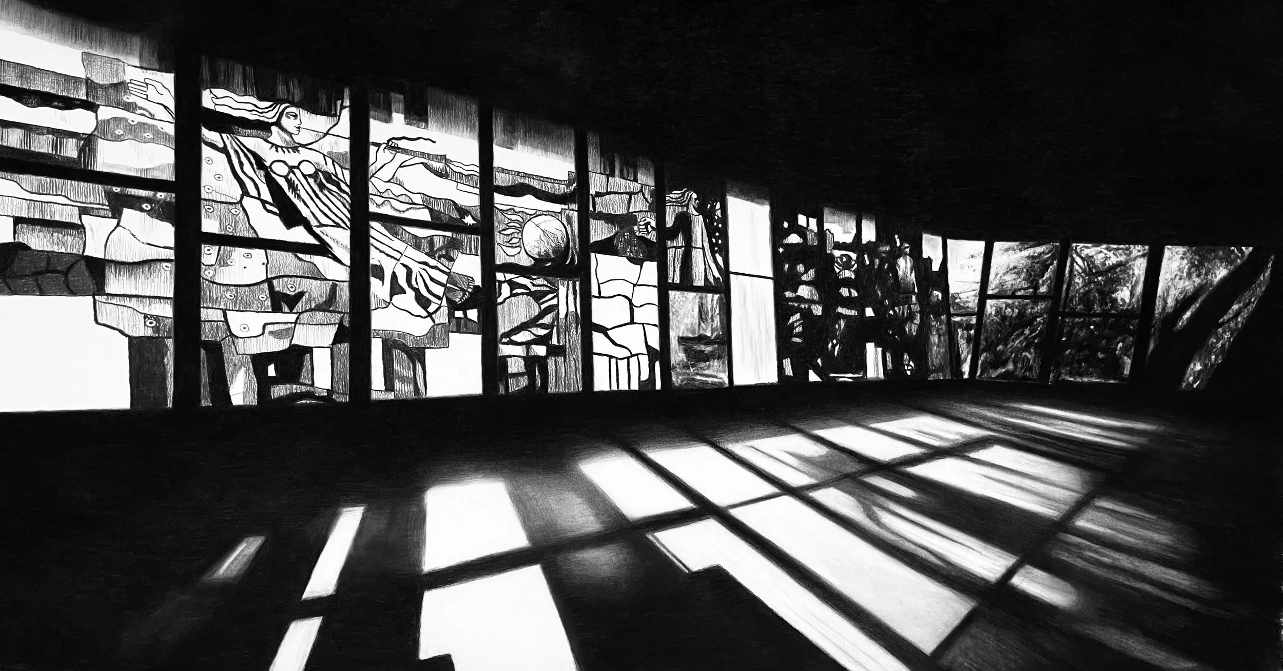 Interior, charcoal on paper, 74cm x 140cm.