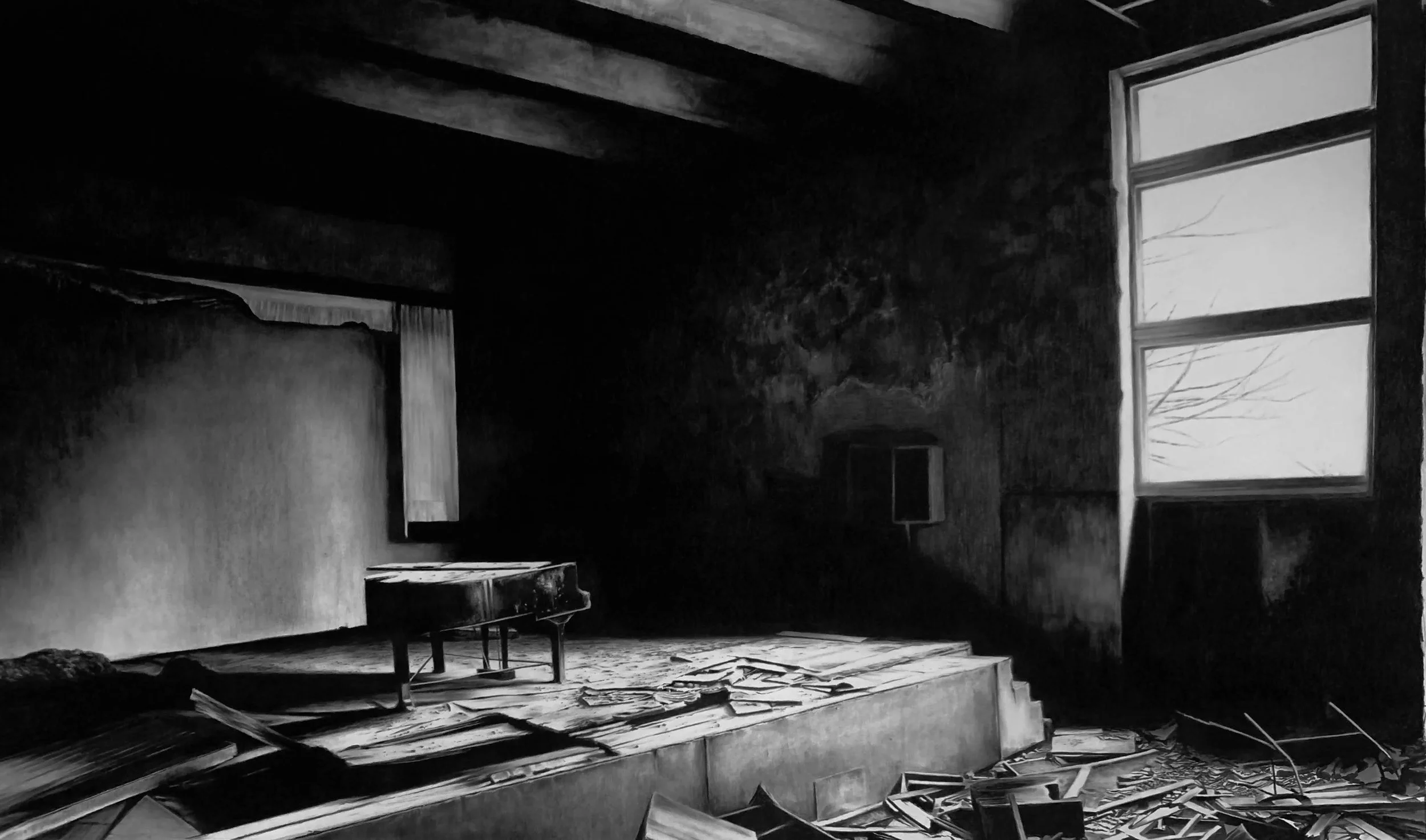 Interior, charcoal on paper, 124cm x 203cm.