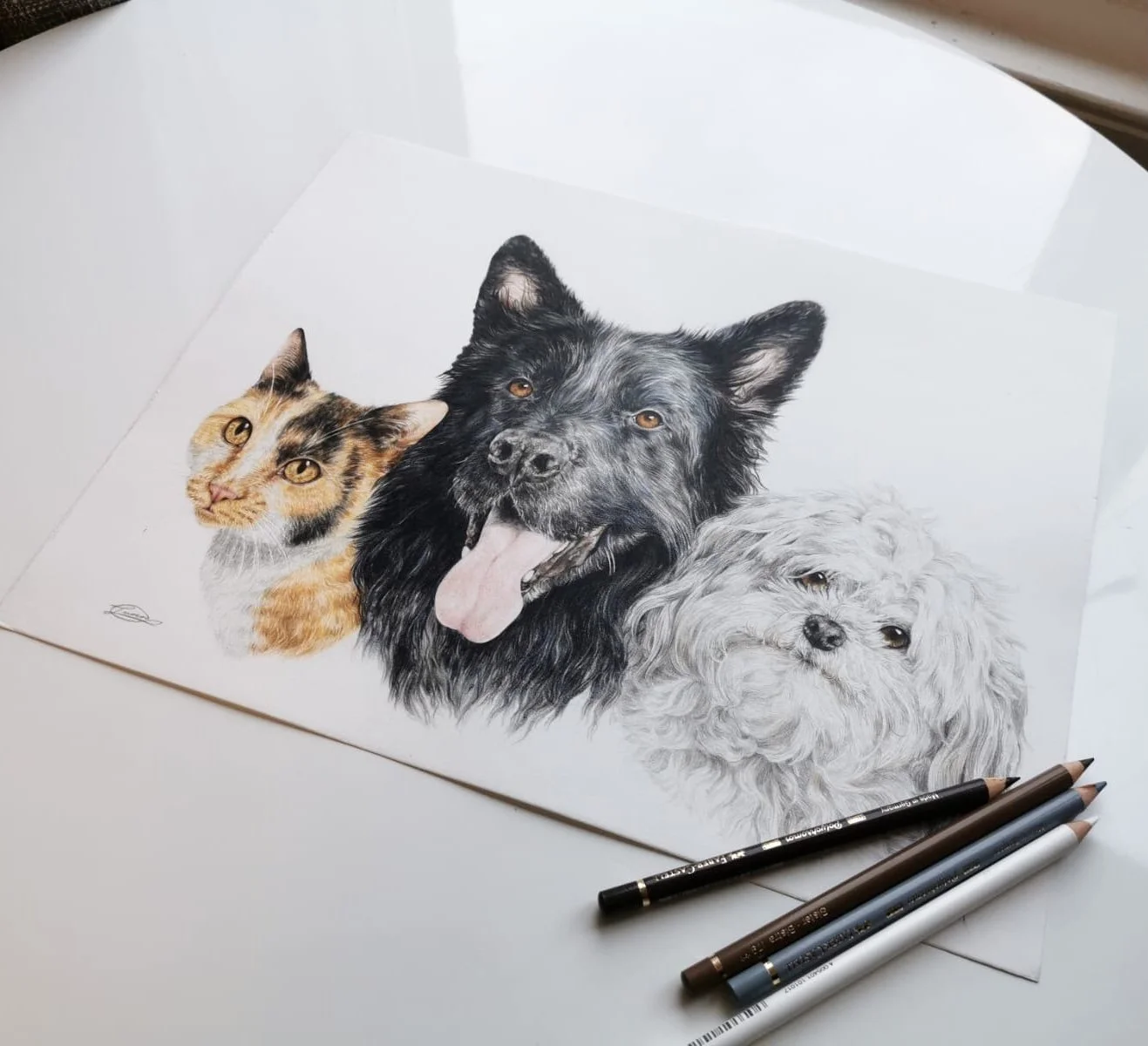 Photograph of a detailed colored drawing of a calico cat, a black dog with its tongue out, and a small light-colored dog, with three colored pencils beside the drawing.