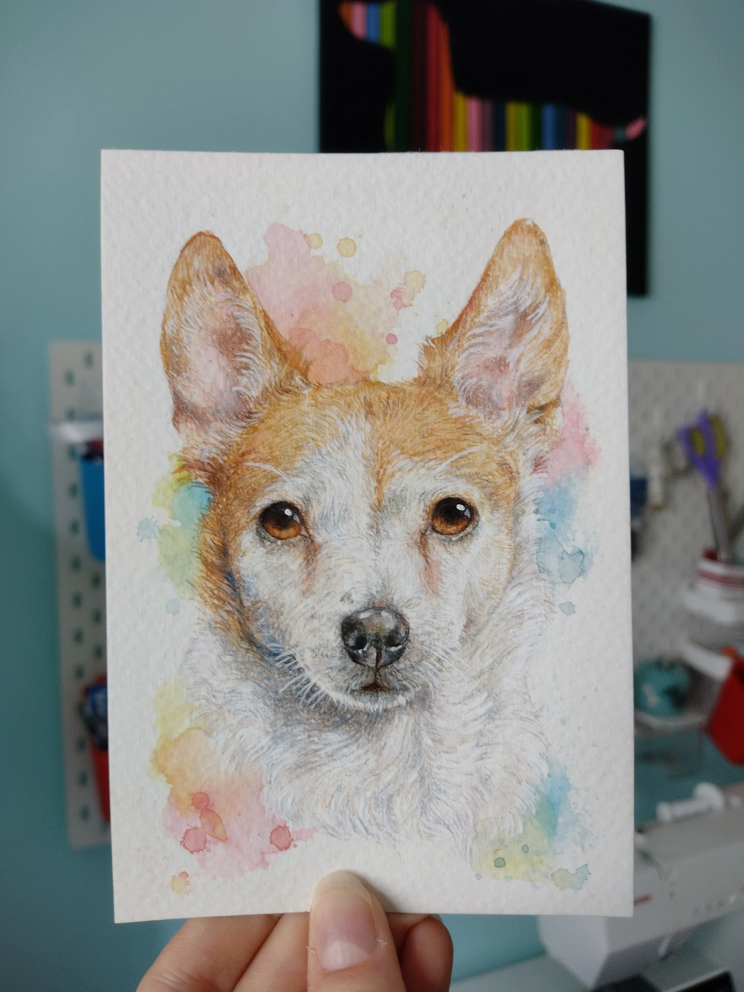 A watercolor painting of a dog’s face, with warm tones and soft pastel splash backgrounds.