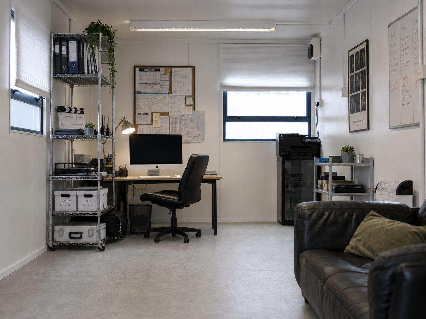 Production office room with a metal shelf, swivel chair, desk with a printer, and two windows with blinds.