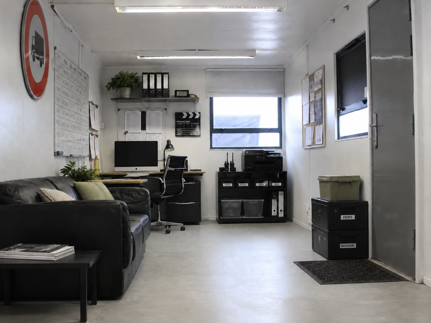 An indoor production office with white walls and ceiling, fluorescent light fixtures, a window with blinds, a full-length mirror, black leather couch, a table with chairs, and a black cabinet near the door.