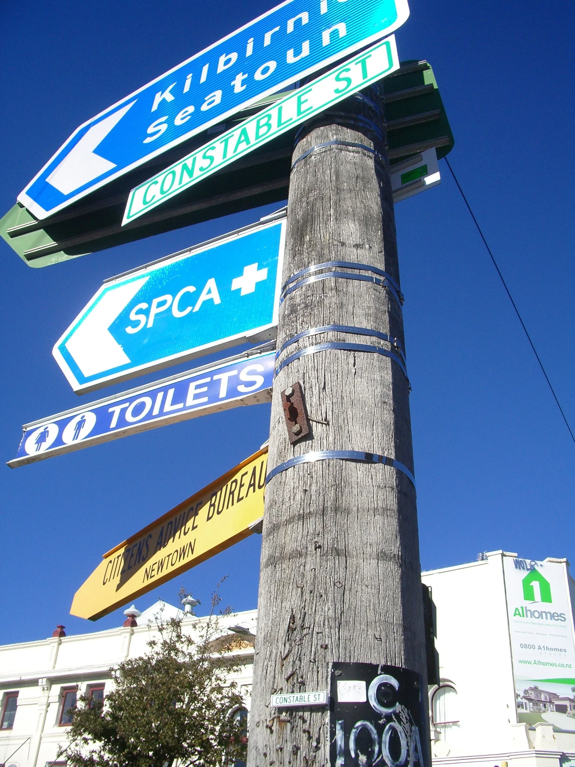 Street signs on a wooden pole indicate the locations of Kilbirnie Seaton, Constable Street, and the Newtown neighborhood, with some signs partially obscured and others pointing left.