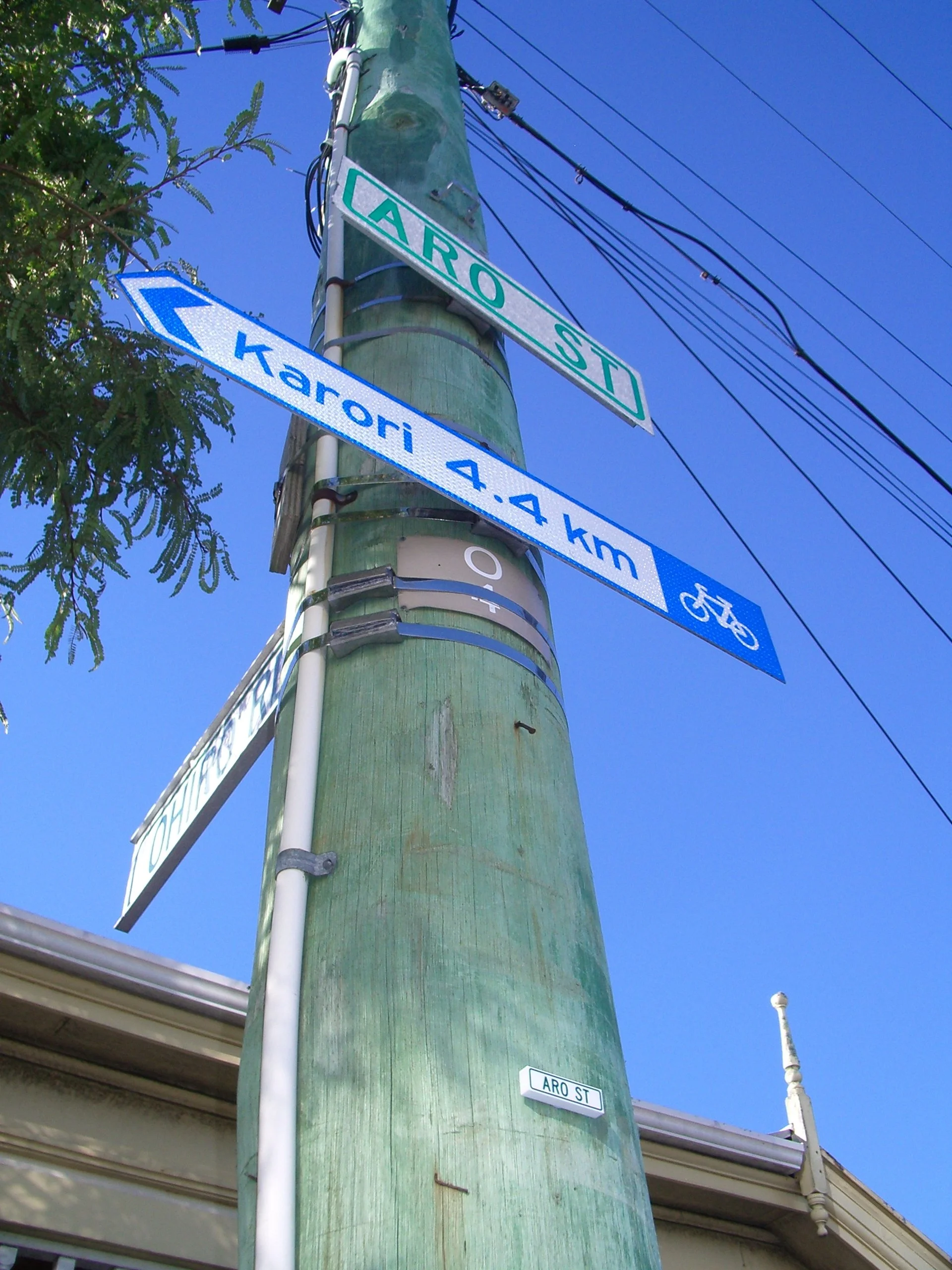 Street signs on a utility pole showing street names Aro Street and Karori Avenue under a clear blue sky, with power lines overhead and some tree branches visible.