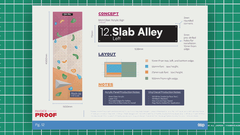 Design blueprint for a climbing gym sign featuring concepts, layout, and notes on materials, dimensions, and installation details.