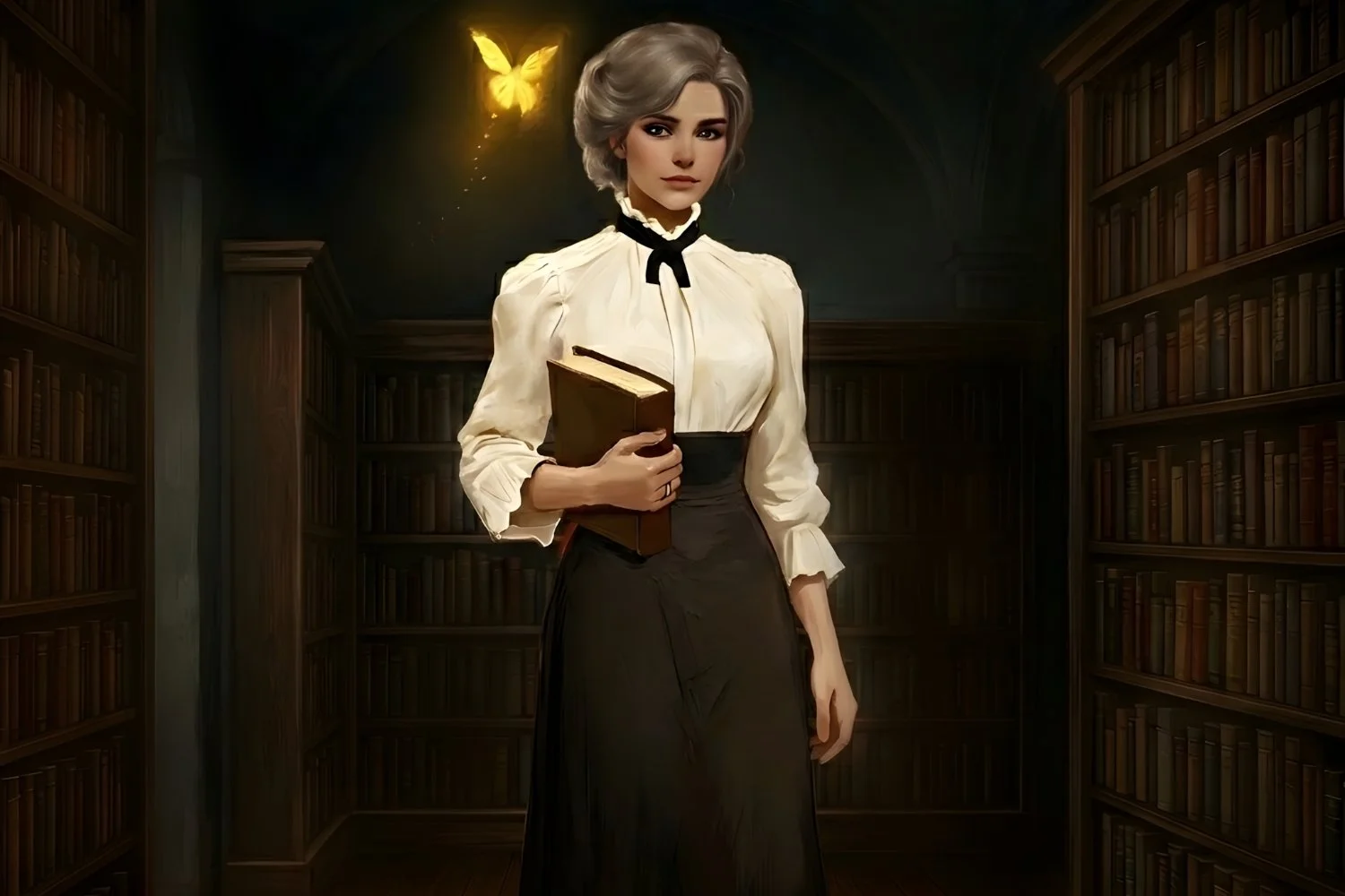 An Edwardian woman in a library
