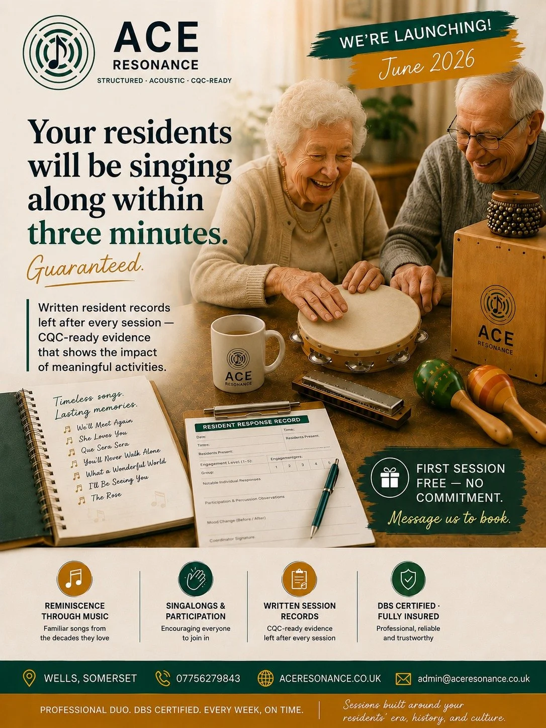 Hello Somerset activities coordinators 👋

We've just launched ACE Resonance &mdash; a structured live music reminiscence programme for care homes in the Somerset area, based in Wells.

We're not just a performance act. Every session follows a struct